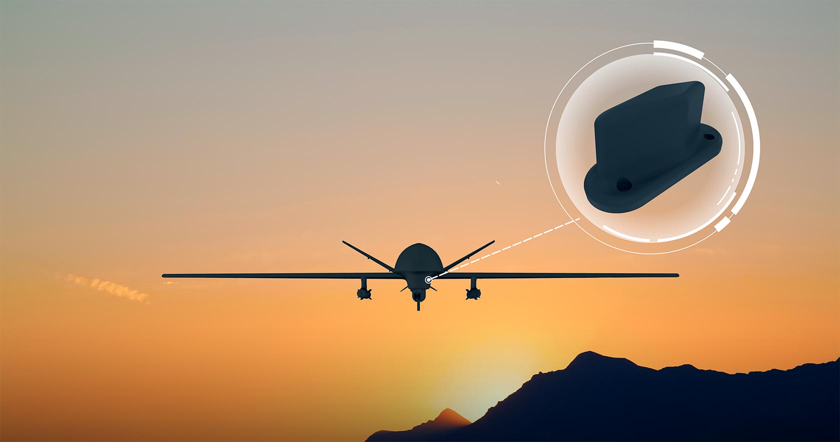 Drone flying into the sunset with a product call-out to a blade antenna from Hexagon | Antcom